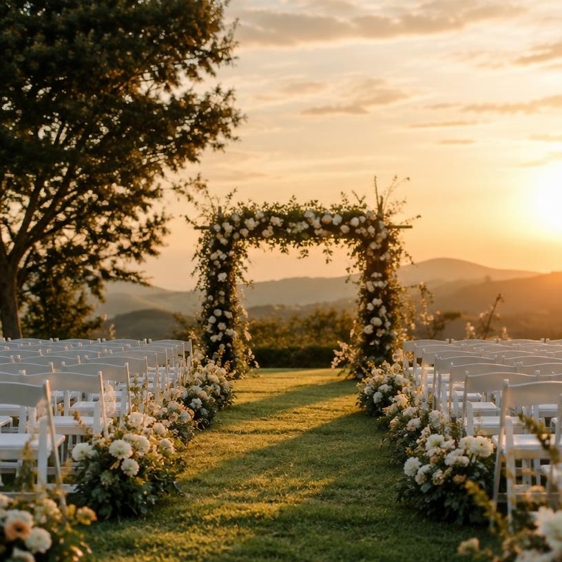 Ceremonia de boda al atardecer con arco floral y sillas blancas